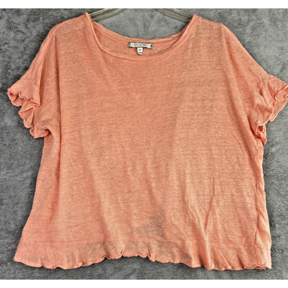 Eri + Ali for Anthropologie Linen Top M Peach Ruffle‎ Trim Open Back Oversized